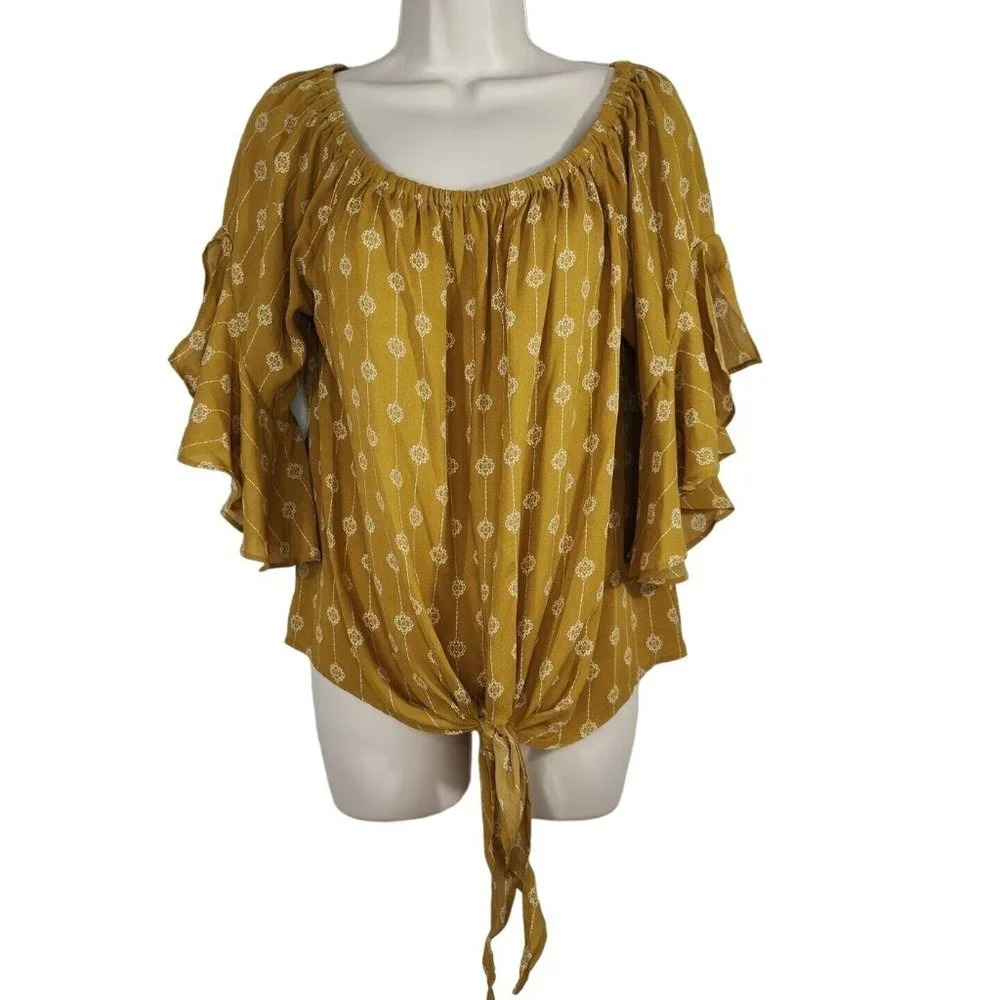 Wishlist Apparel Floral Tie Front Top Off The Shoulder Women Size M/L Brown?